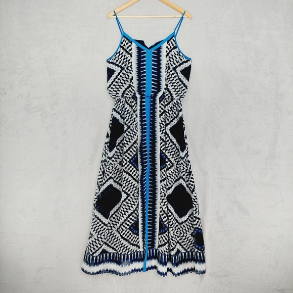 Adrianna Papell Navy Blue Multicolor Crepe Ikat Maxi Dress P6293 - Picture 2 of 11